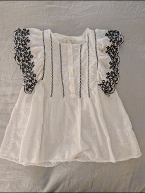 Max Studio White Embroidered Flutter Sleeve Gauze Boho Blouse Small